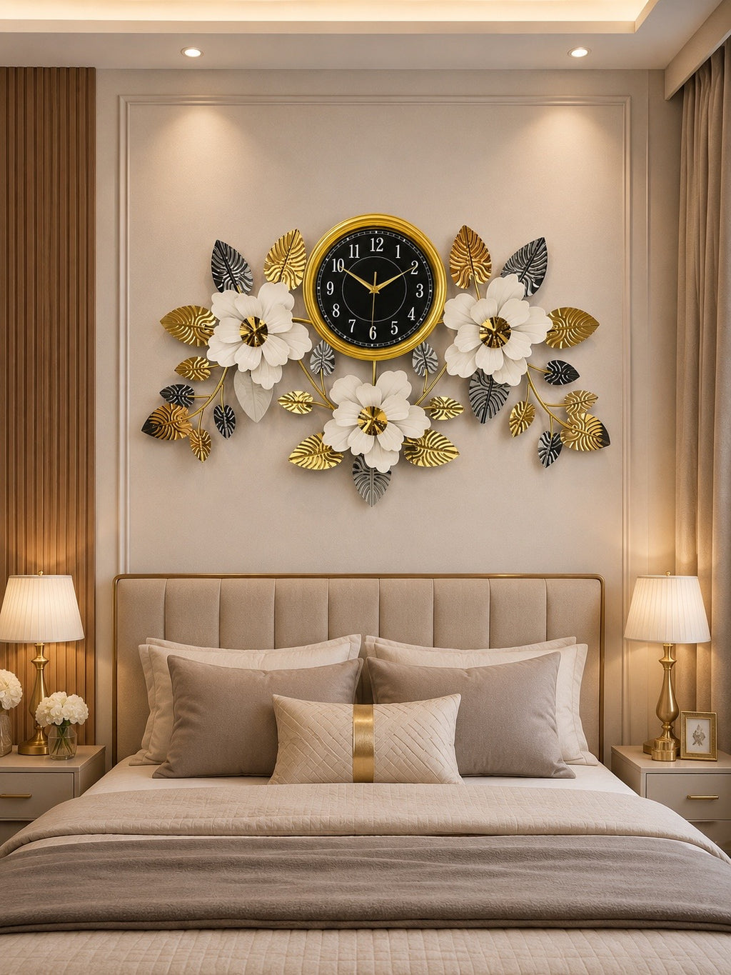 Luxury Golden Floral Wall Clock – Black Dial with White Flowers & Gold Leaf Design