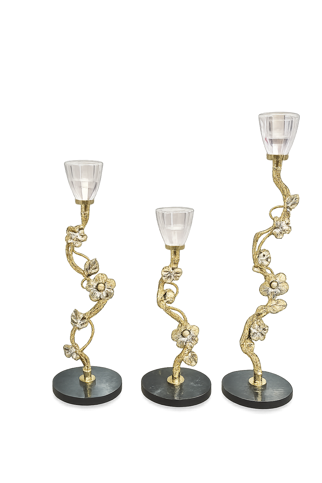 Luxury Floral Gold Metal Candle Holder Set of 3 with Crystal Cup – Decorative Table Centerpiece for Home Décor