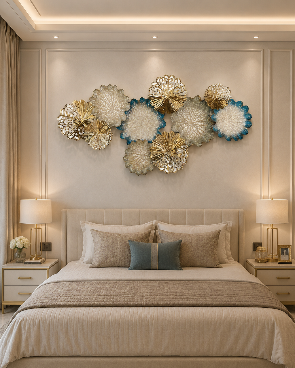 Luxury Gold & Blue Metal Wall Art | Modern Floral Wall Décor for Living Room & Bedroom