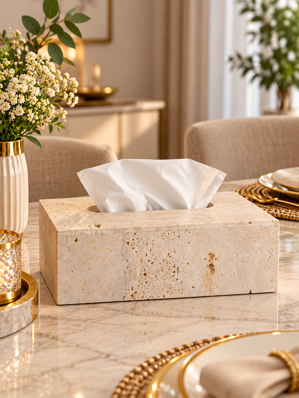 Luxury Beige Stone-Texture Tissue Box Cover – Elegant Modern Tabletop Décor