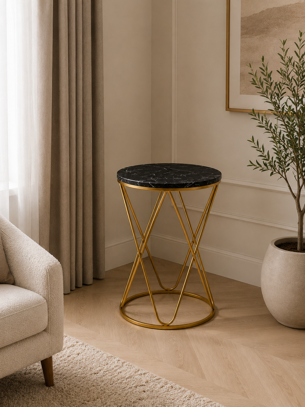 Modern Round Wooden Top Side Table | Gold Metal Frame Accent Table | Luxury End Table