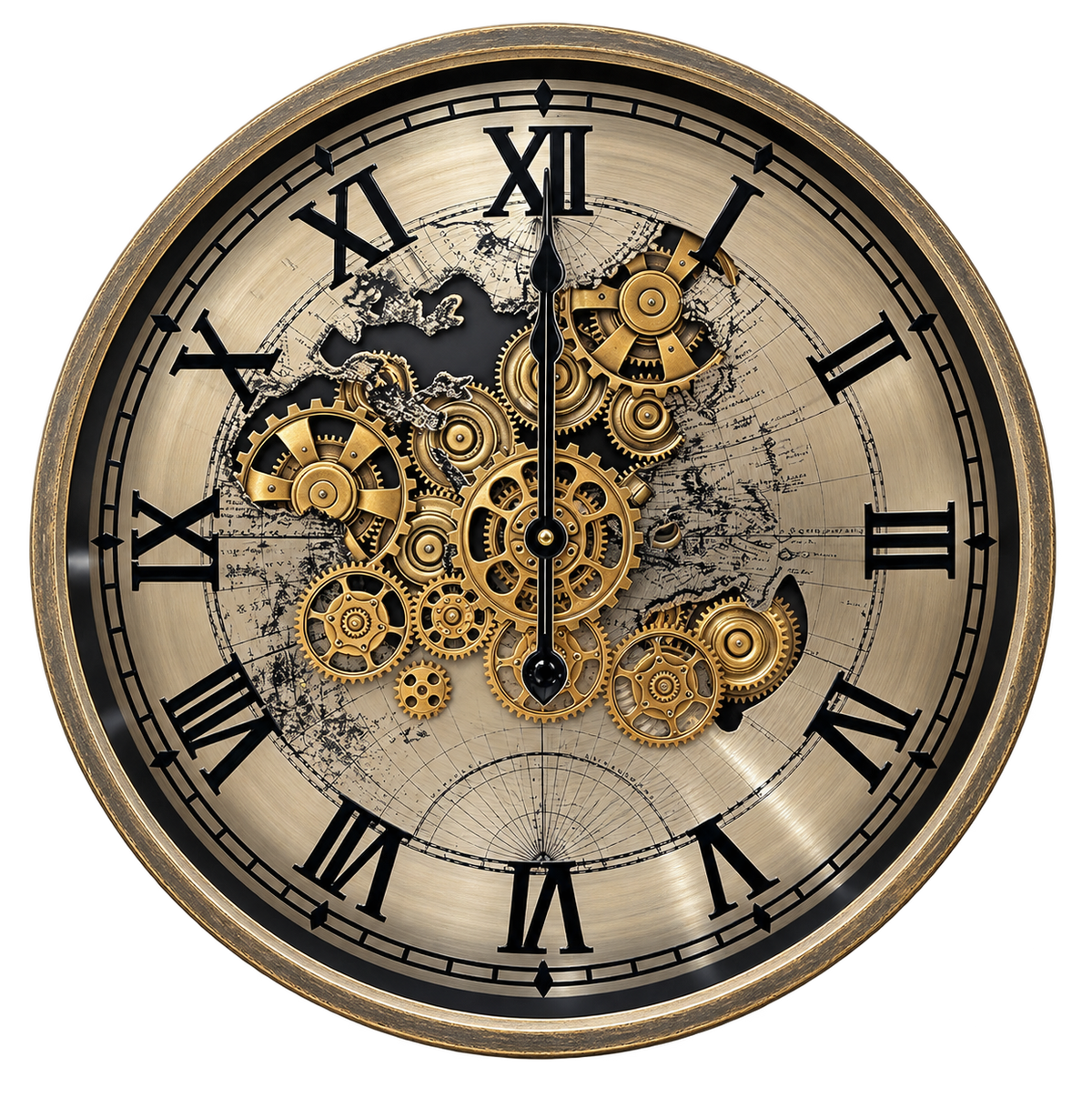 Luxury Vintage World Map Skeleton Wall Clock – Black & Gold Roman Numeral Design