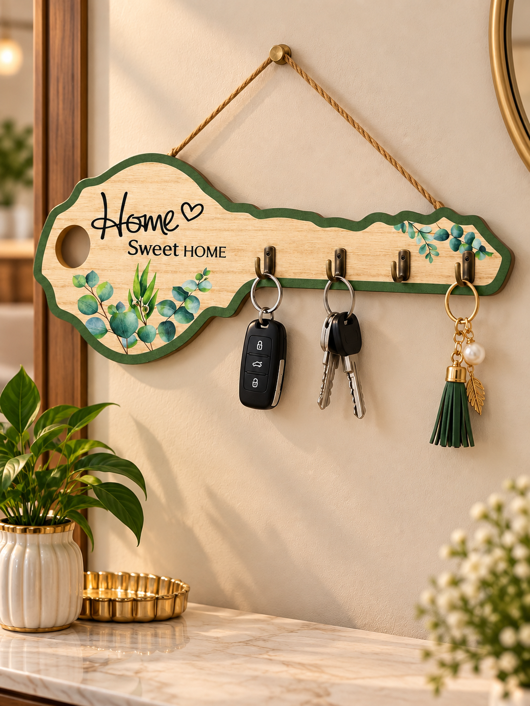 Home Sweet Home Wooden Key Holder – Wall-Mounted Key Organizer & Decorative Wall Décor