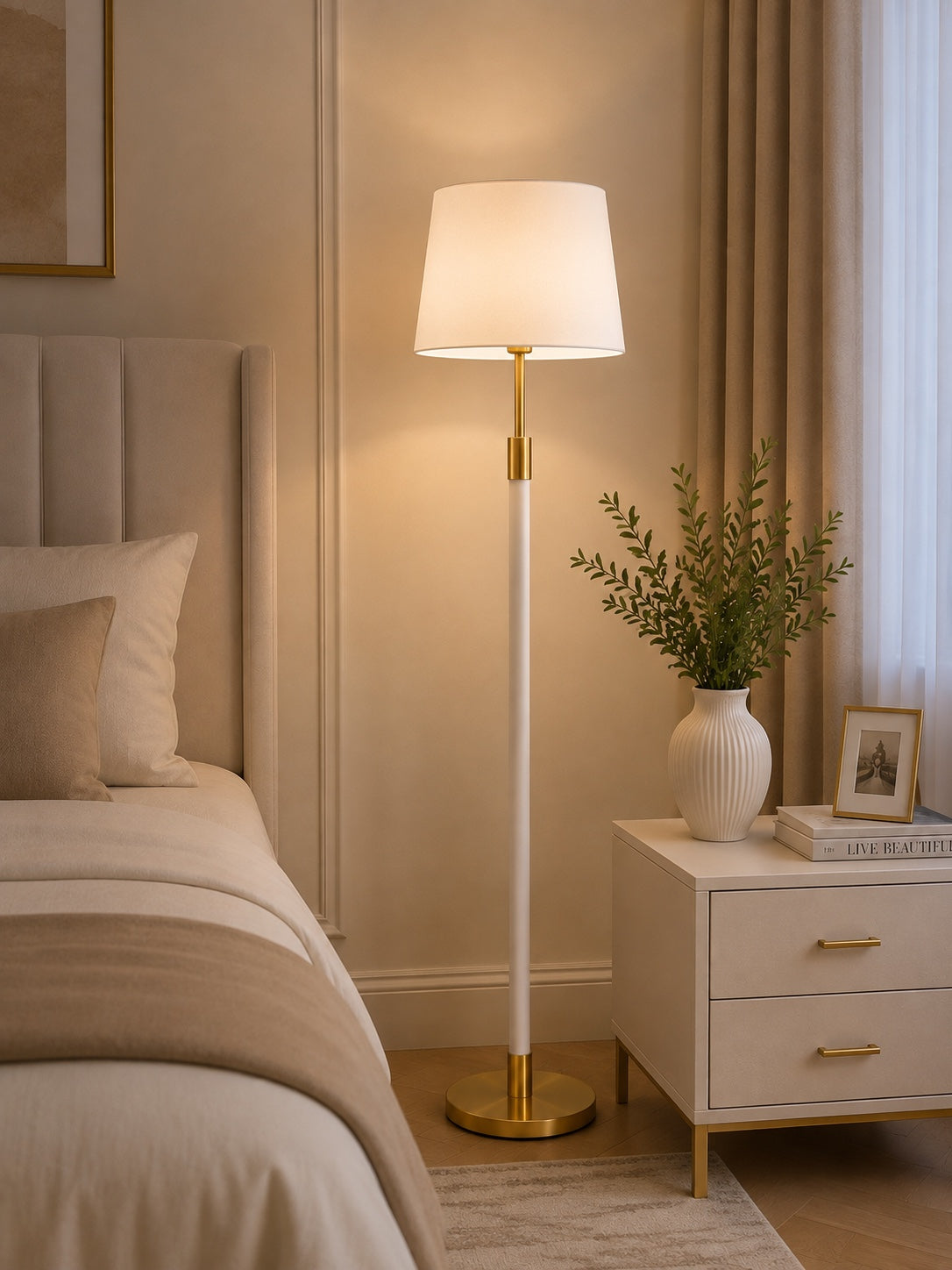 Modern White & Gold Floor Lamp with Fabric Shade | Luxury Standing Lamp for Living Room & Bedroom