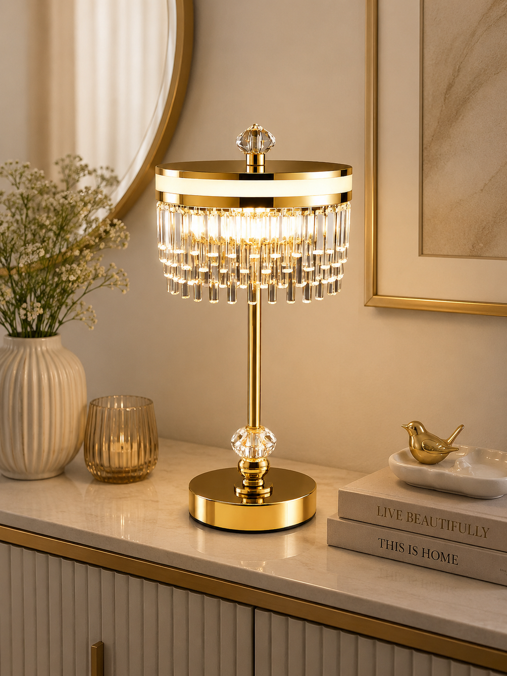 Luxury Crystal LED Table Lamp | Gold Metal & Crystal Acrylic Bedside Lamp | Modern Decorative Accent Light