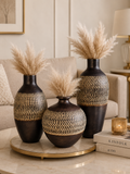 Modern Textured Decorative Vase Set of 3 | Black & Beige Resin Flower Vases | Luxury Home Décor