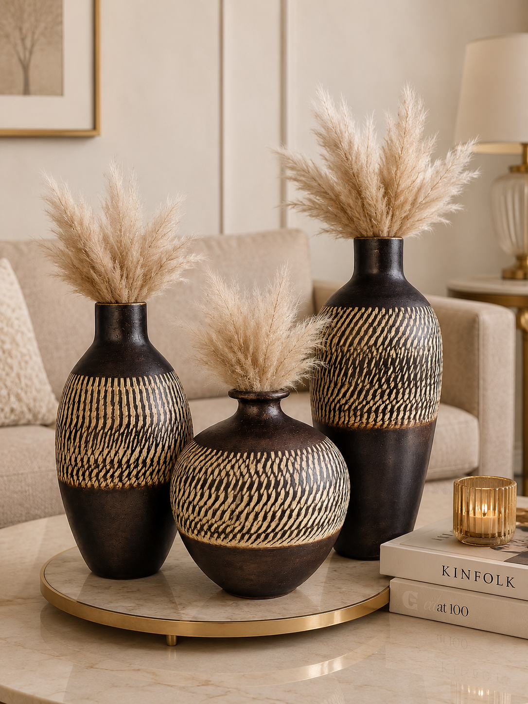 Modern Textured Decorative Vase Set of 3 | Black & Beige Resin Flower Vases | Luxury Home Décor