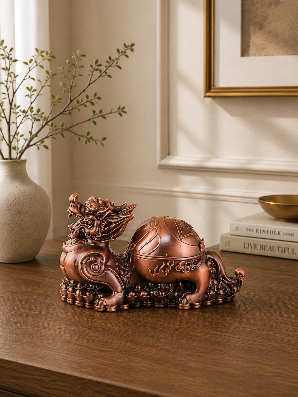 Luxury Chinese Guardian Lion (Pixiu/Foo Dog) Metal Ashtray with Lid | Windproof Decorative Cigarette Ashtray