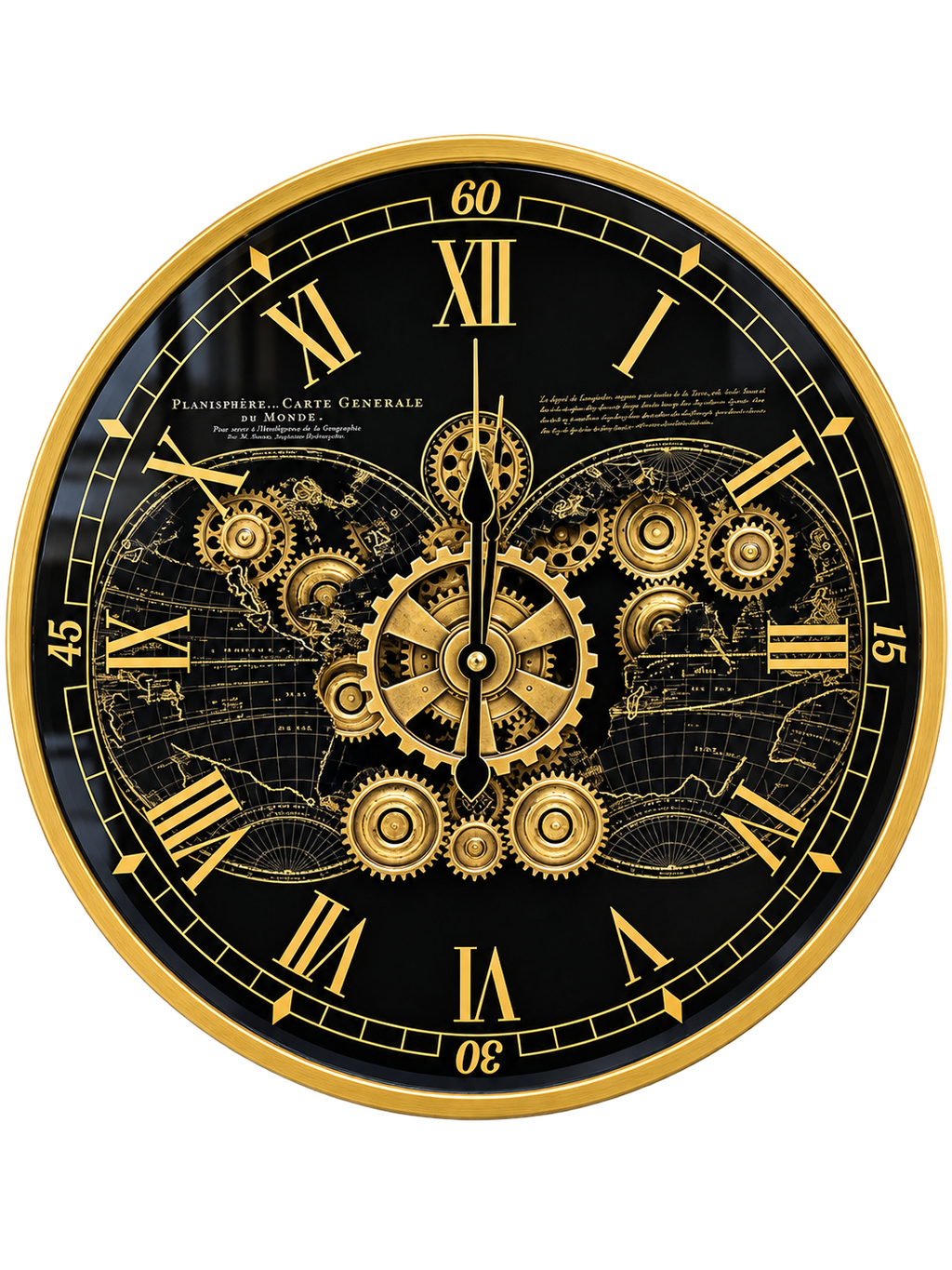 Luxury Black & Gold Vintage World Map Gear Wall Clock