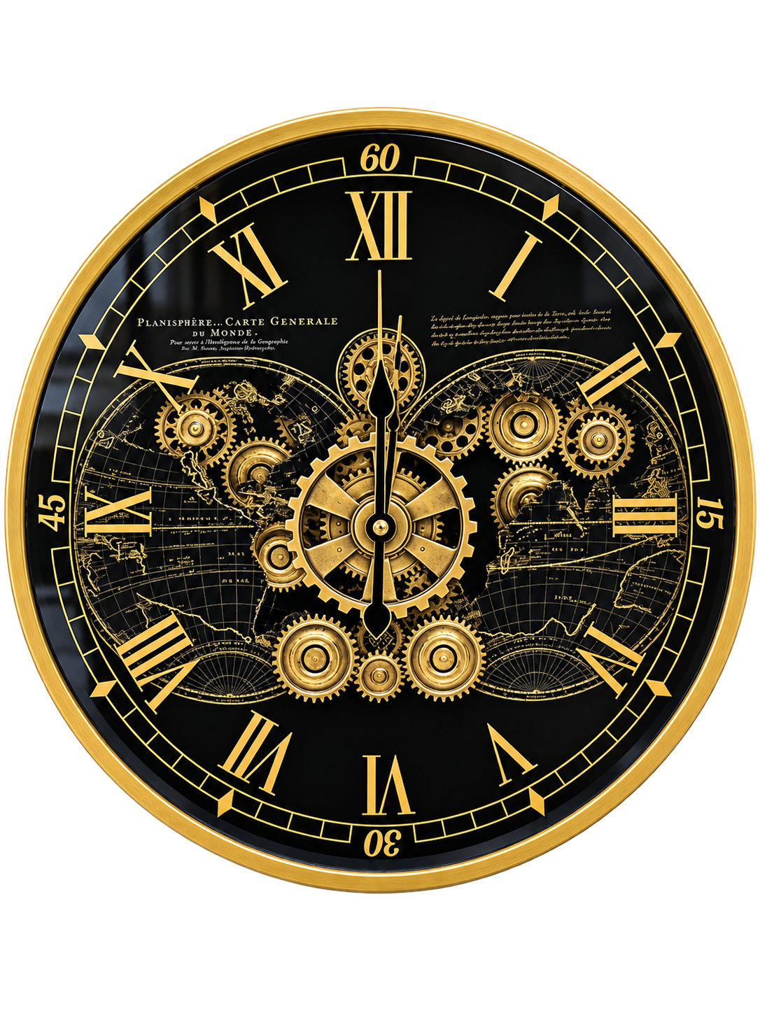 Luxury Black & Gold Vintage World Map Gear Wall Clock