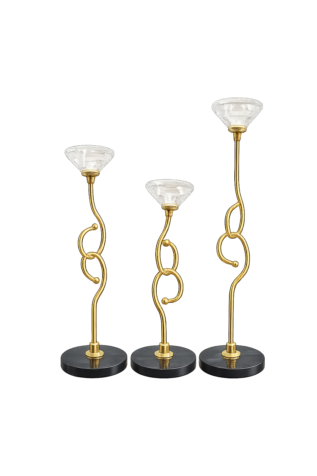 Luxury Gold & Crystal Taper Candle Holder Set with Black Marble Base (Set of 3)