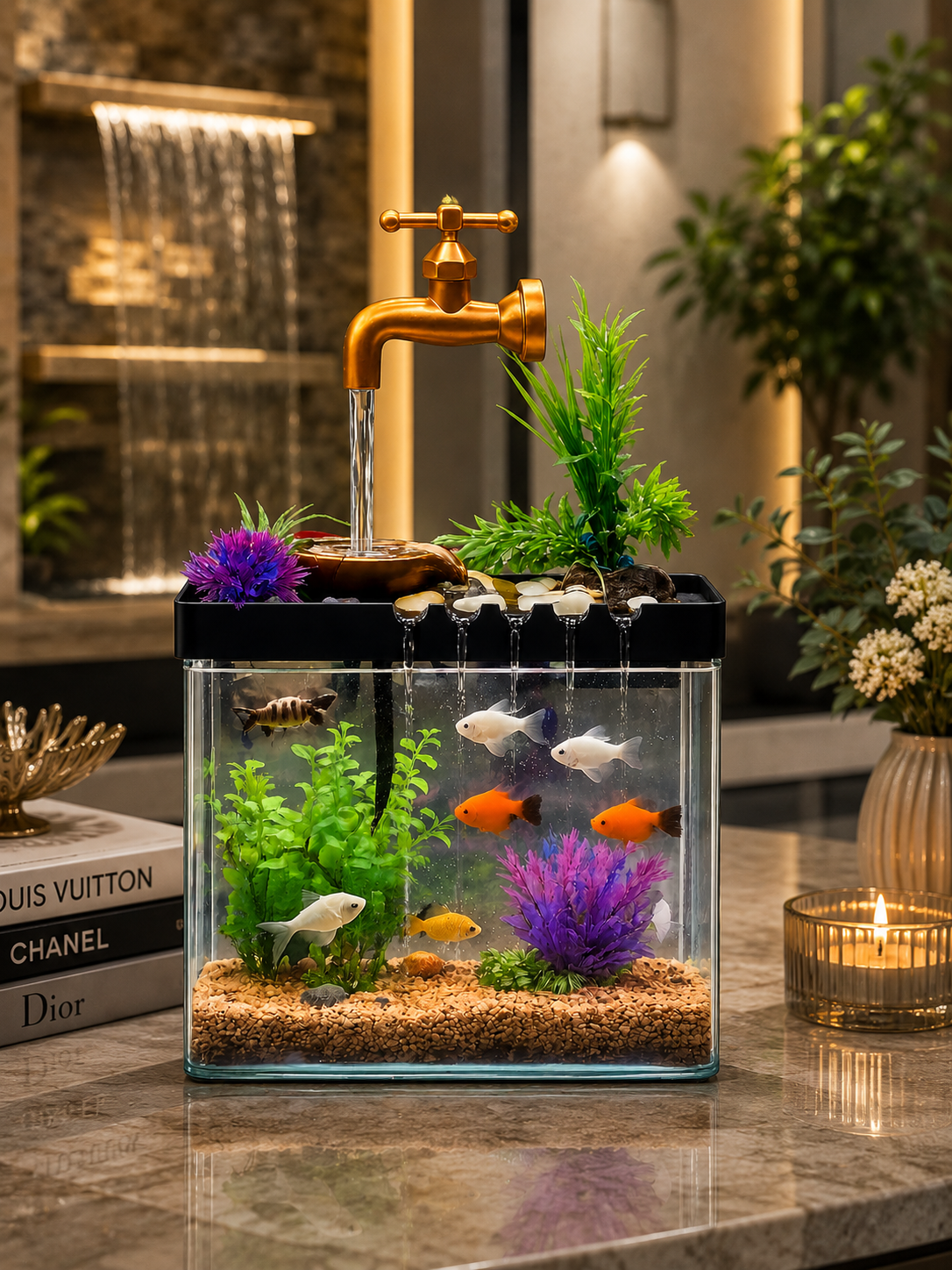 Mini Tabletop Aquarium Fountain with Running Water | Decorative Fish Tank | Desktop Water Feature | Home & Office Décor