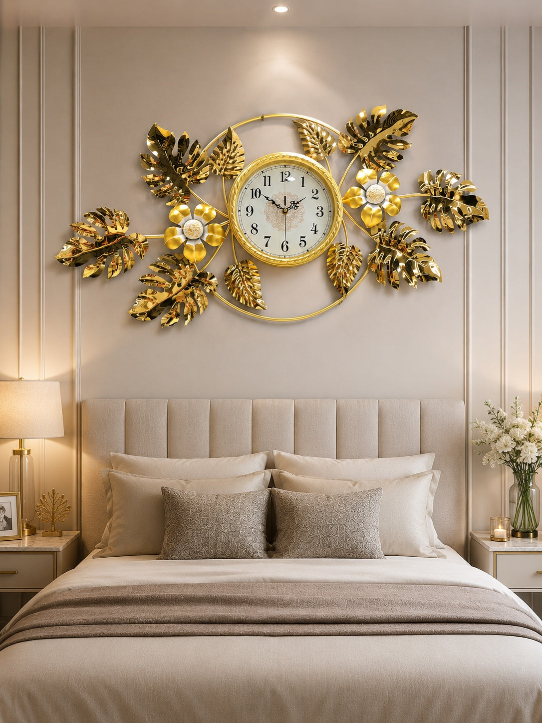 Luxury Golden Monstera Leaf Floral Wall Clock – Elegant Decorative Metal Art Clock