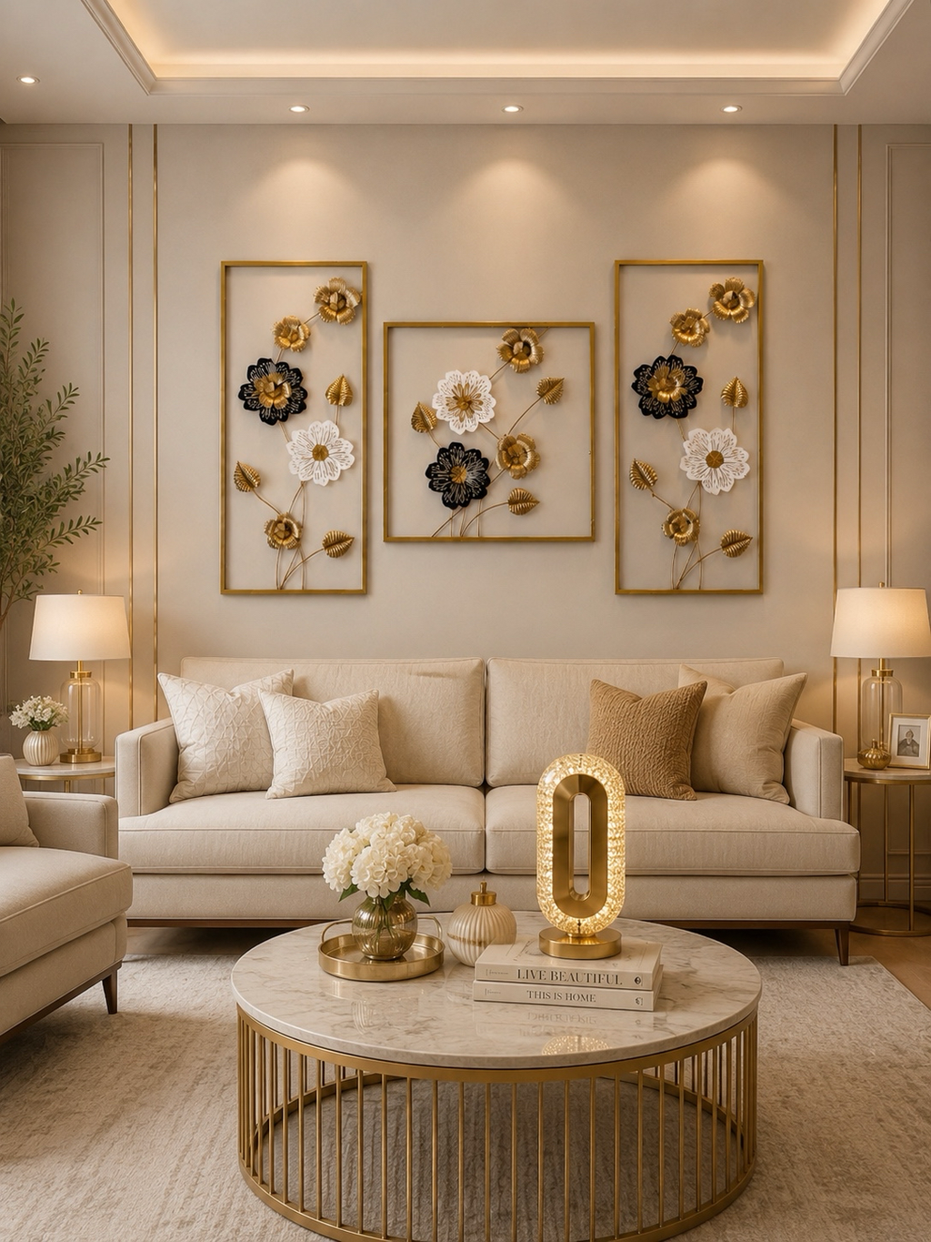 Luxury 3-Piece Metal Floral Wall Art Set | Modern Gold, Black & White Decorative Wall Hanging for Living Room & Bedroom