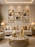 Luxury 3-Piece Metal Floral Wall Art Set | Modern Gold, Black & White Decorative Wall Hanging for Living Room & Bedroom