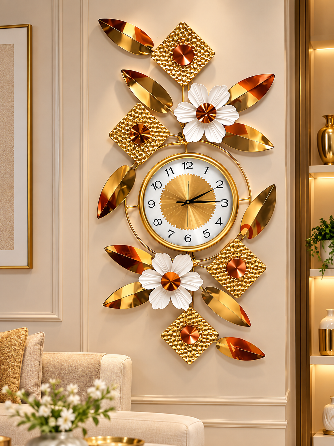 Luxury Golden & Copper Floral Wall Clock – Modern Metal Decorative Wall Art