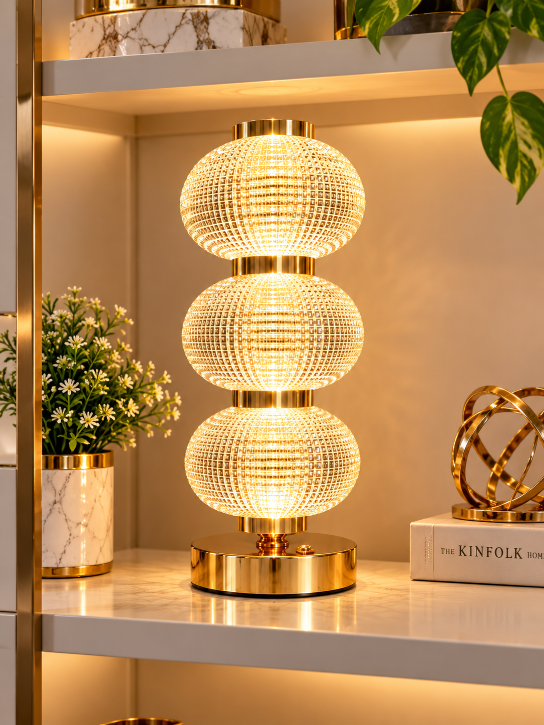 Luxury Triple Acrylic+Crystal Globe Table Lamp – Gold Finish Decorative LED Lamp