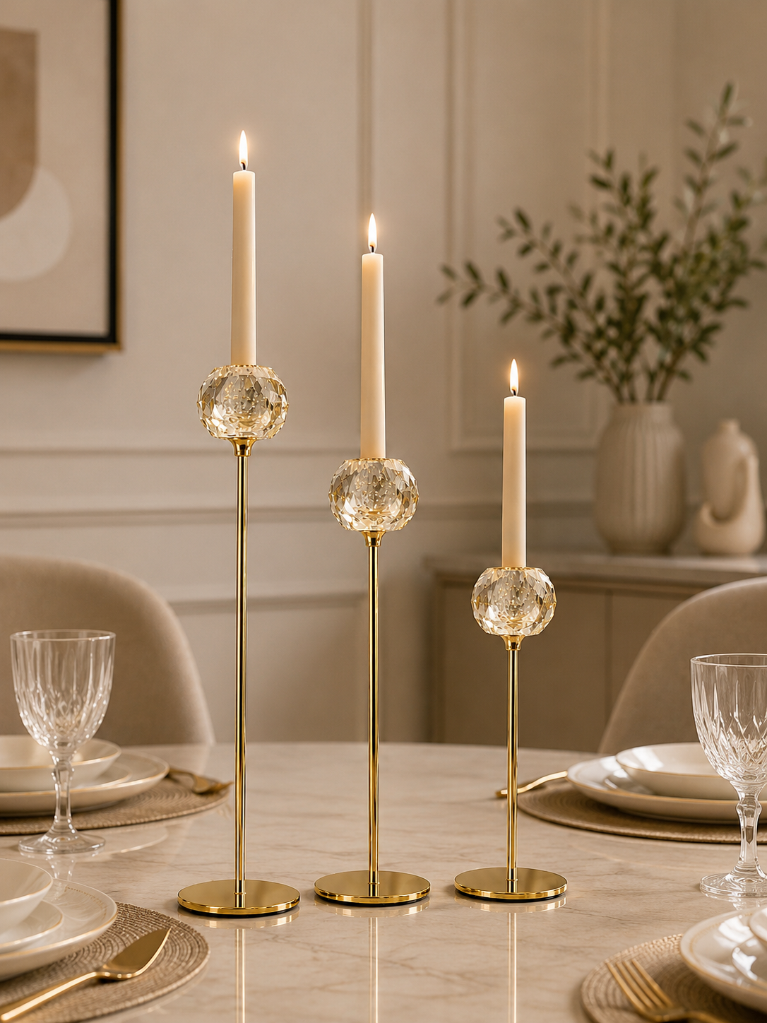 Luxury Crystal Tulip Candle Holder Set of 3 – Gold Metal & Crystal Glass Taper Candle Stand