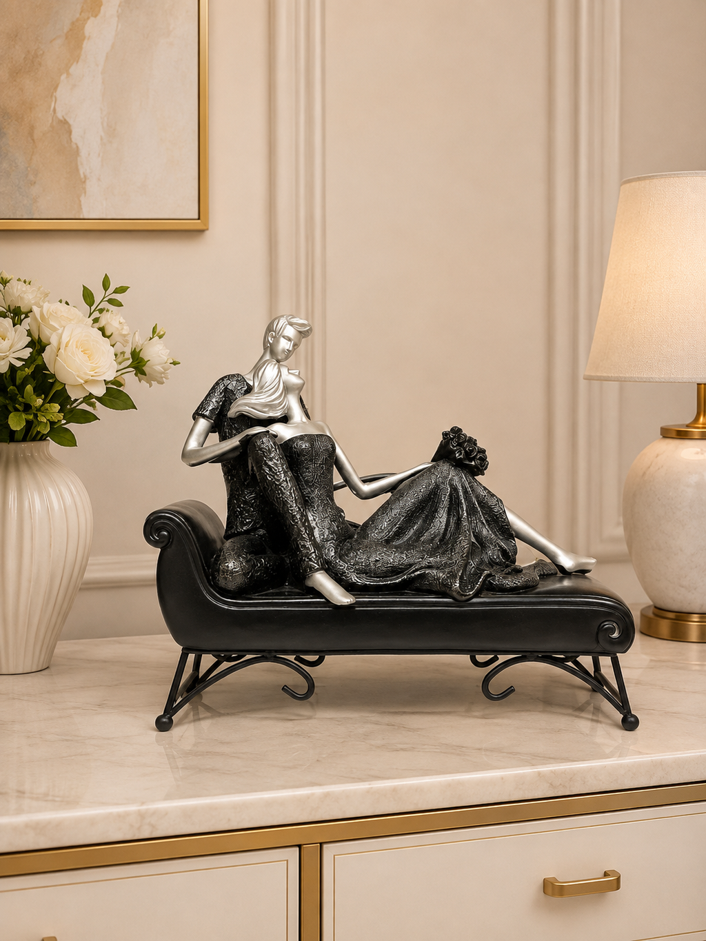 Elegant Romantic Couple on Chaise Lounge Decorative Sculpture – Modern Black & Silver Resin Figurine