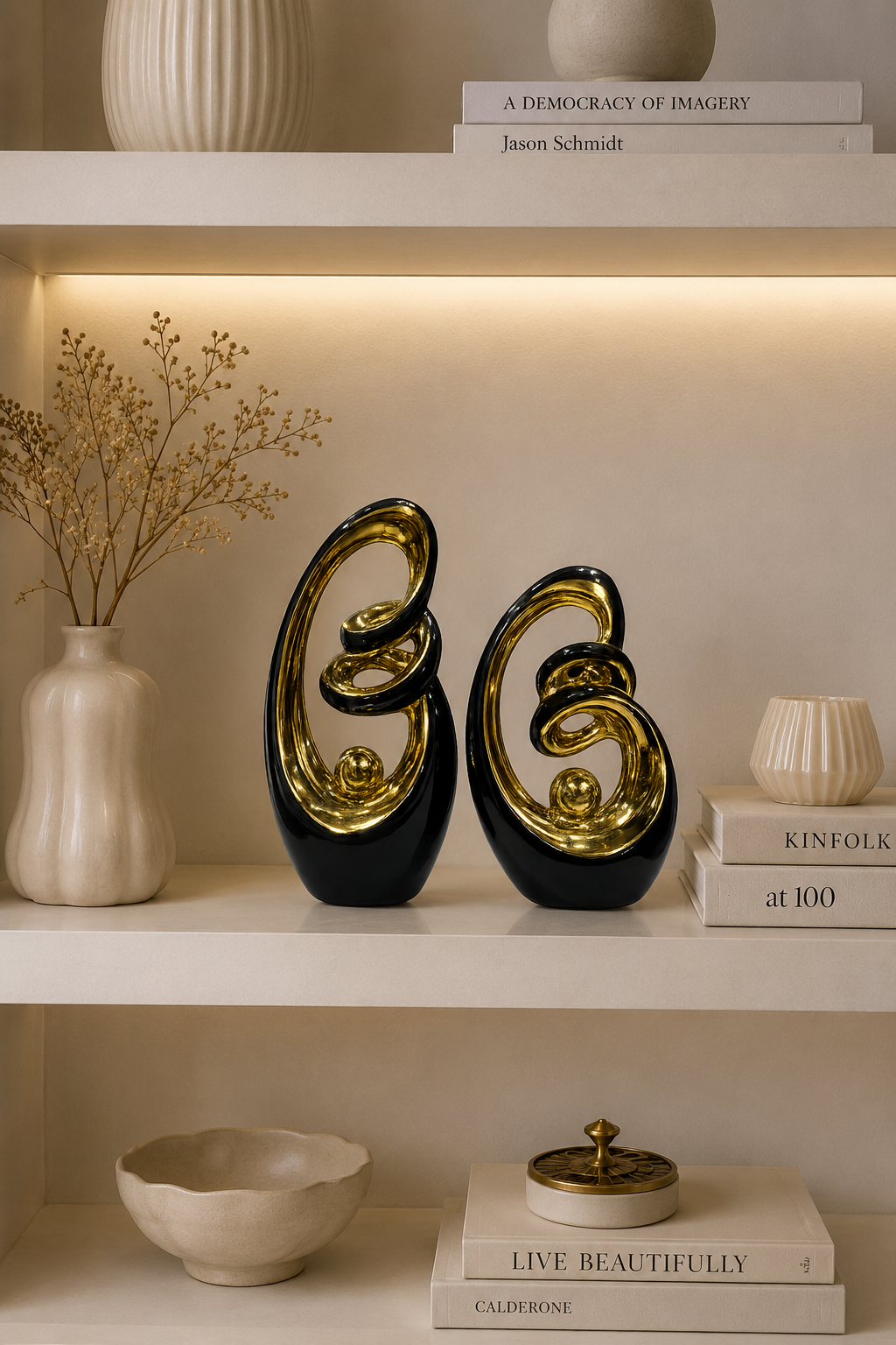 Modern Abstract Black & Gold Ceramic Sculpture Set – Luxury Decorative Showpieces for Home & Office (Set of 2)
