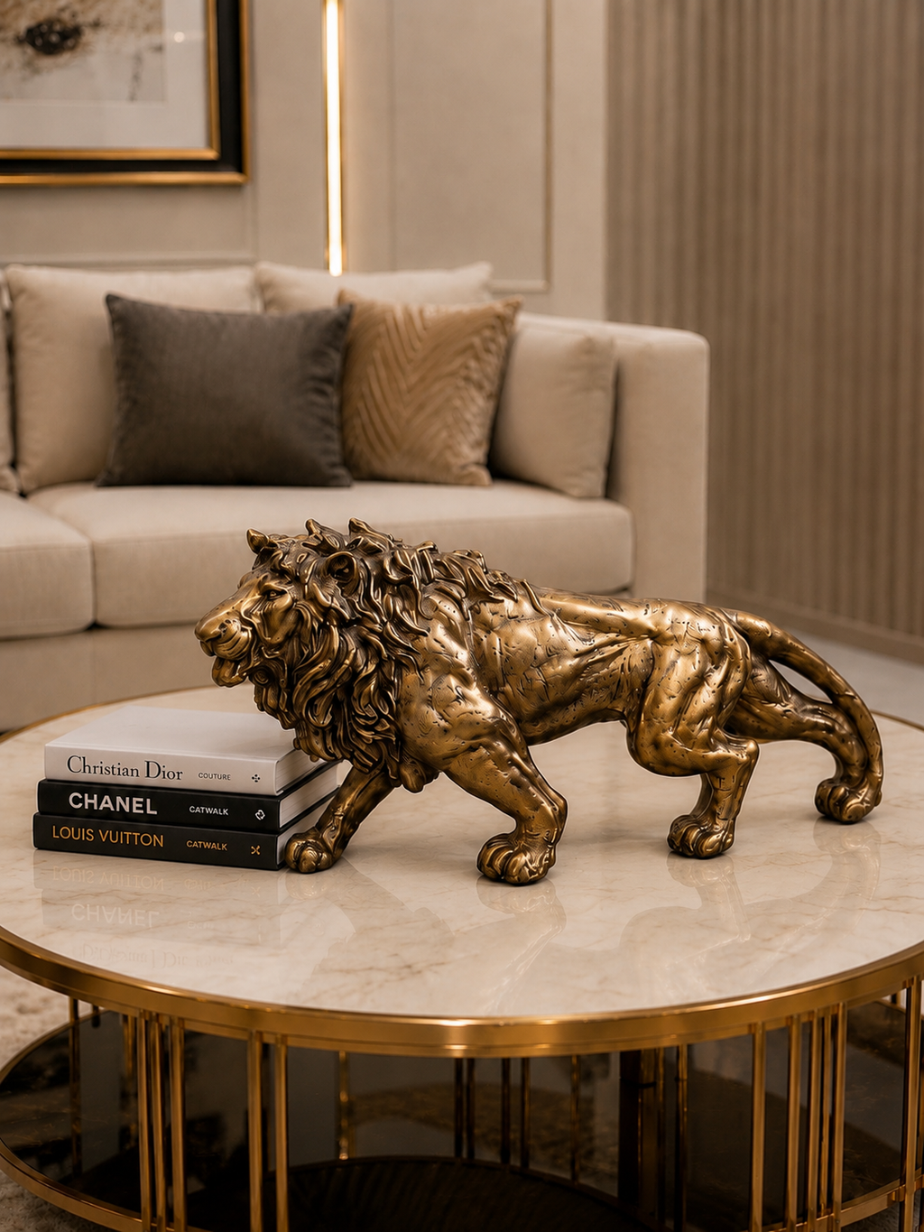 Luxury Walking Lion Sculpture | Gold Resin Animal Statue | Modern Tabletop Home Décor