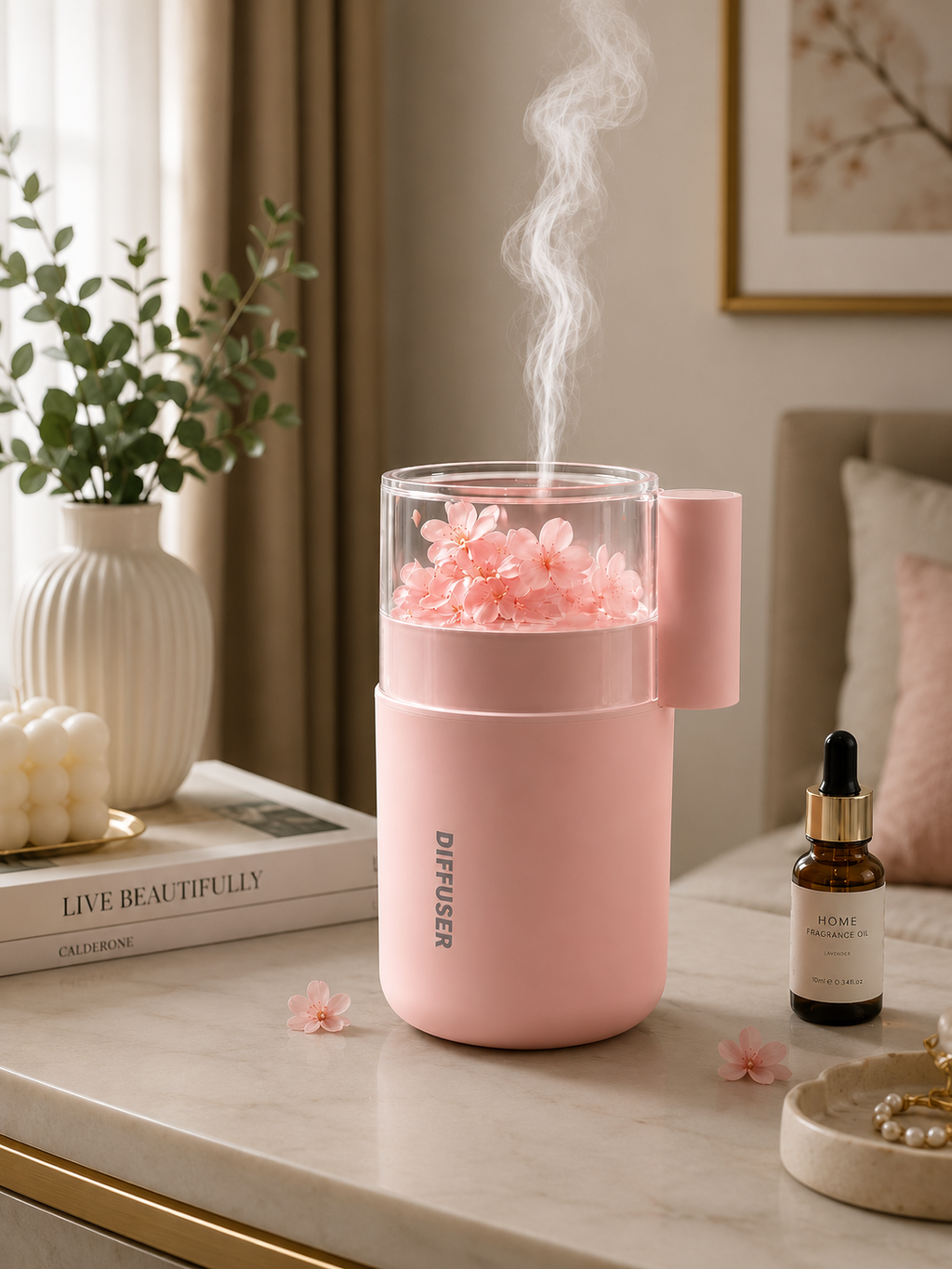 Pink Cherry Blossom USB Aroma Diffuser & Humidifier with LED Light | Ultrasonic Essential Oil Diffuser | Portable Air Humidifier