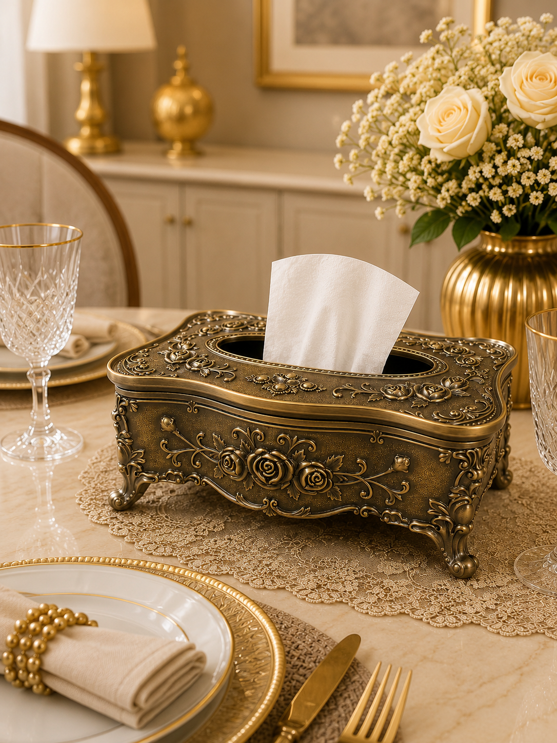 uxury Vintage Floral Tissue Box Cover – Antique Bronze Decorative Tissue Holder for Home & Office