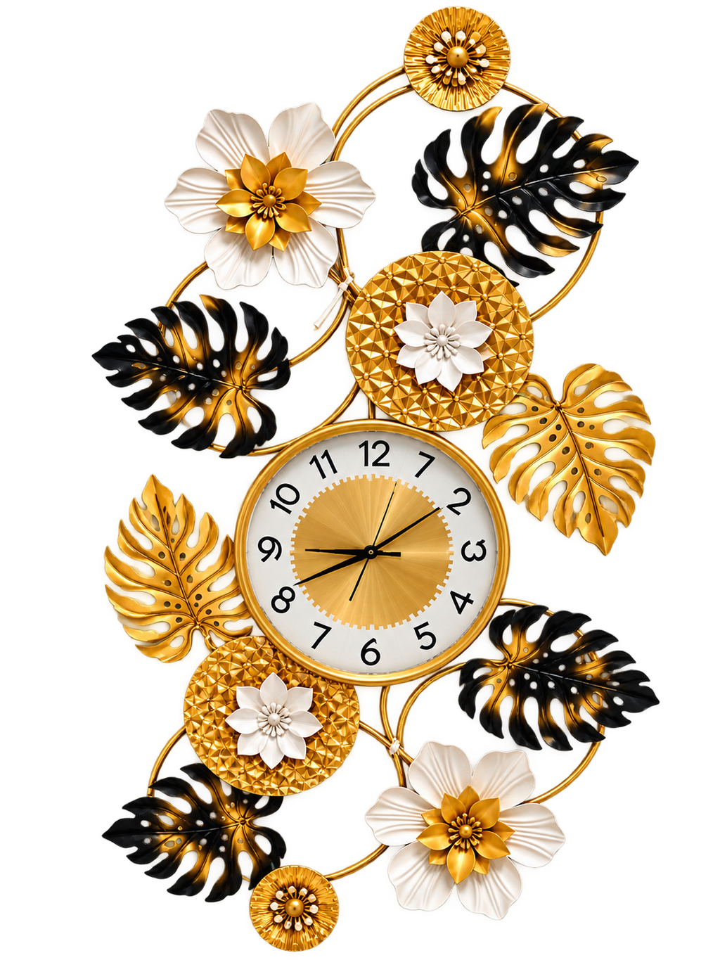 Luxury Gold & Black Floral Leaf Wall Clock – Modern Decorative Metal Wall Art