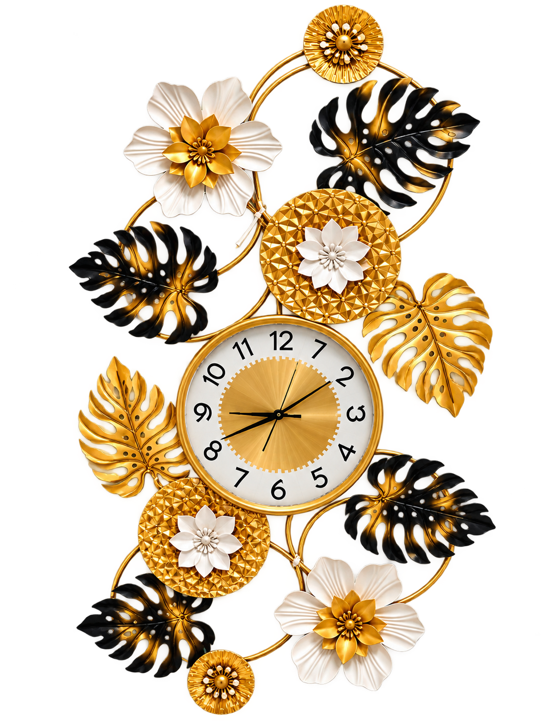 Luxury Gold & Black Floral Leaf Wall Clock – Modern Decorative Metal Wall Art