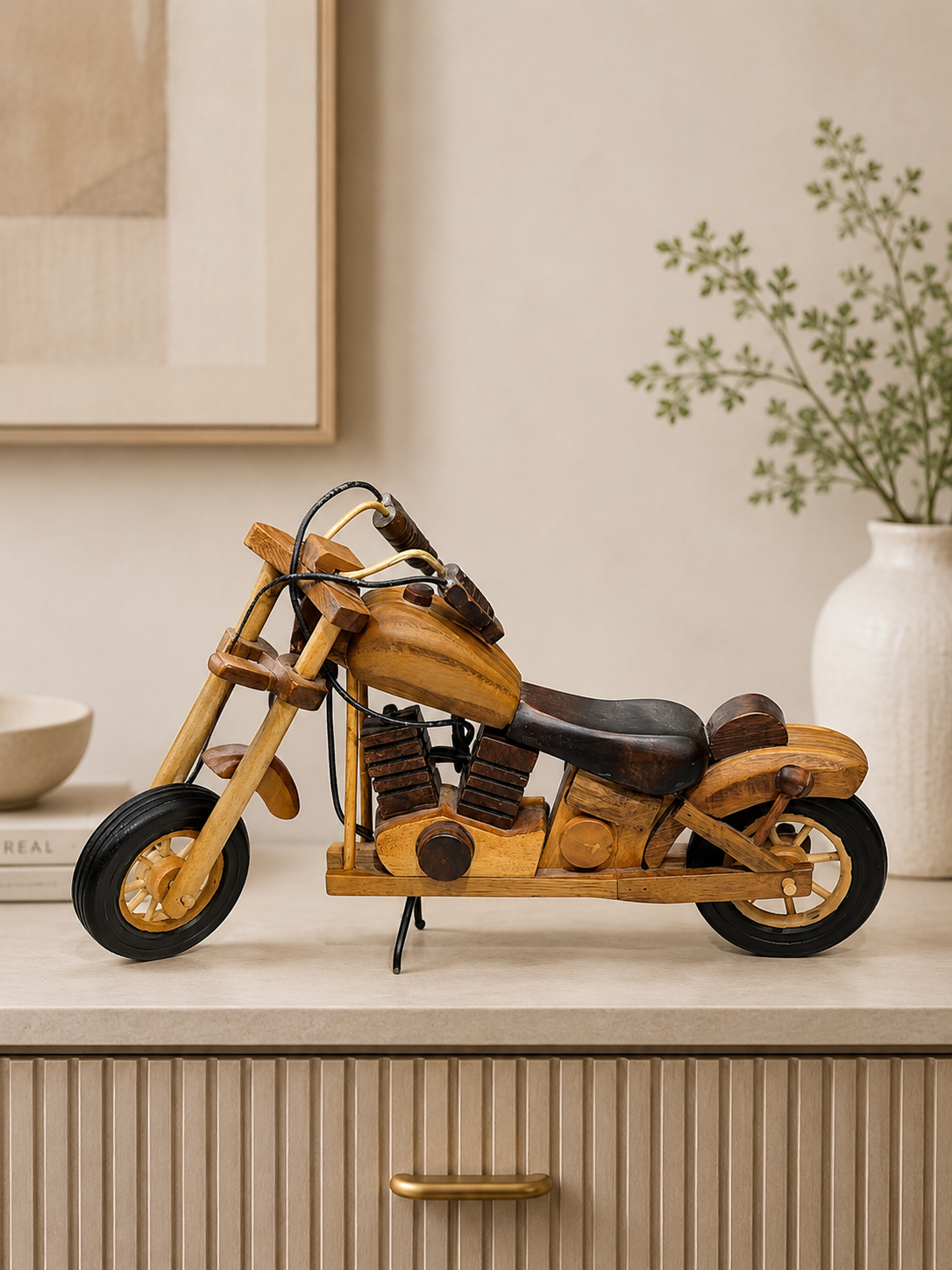 Vintage Wooden Motorcycle Decorative Showpiece – Handcrafted Style
