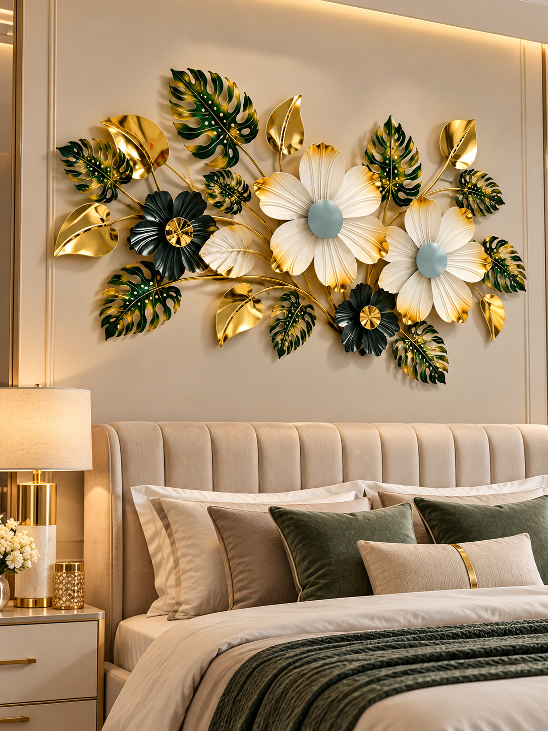 Luxury Gold, Black & Green Floral Metal Wall Art – Elegant Botanical Leaf Décor