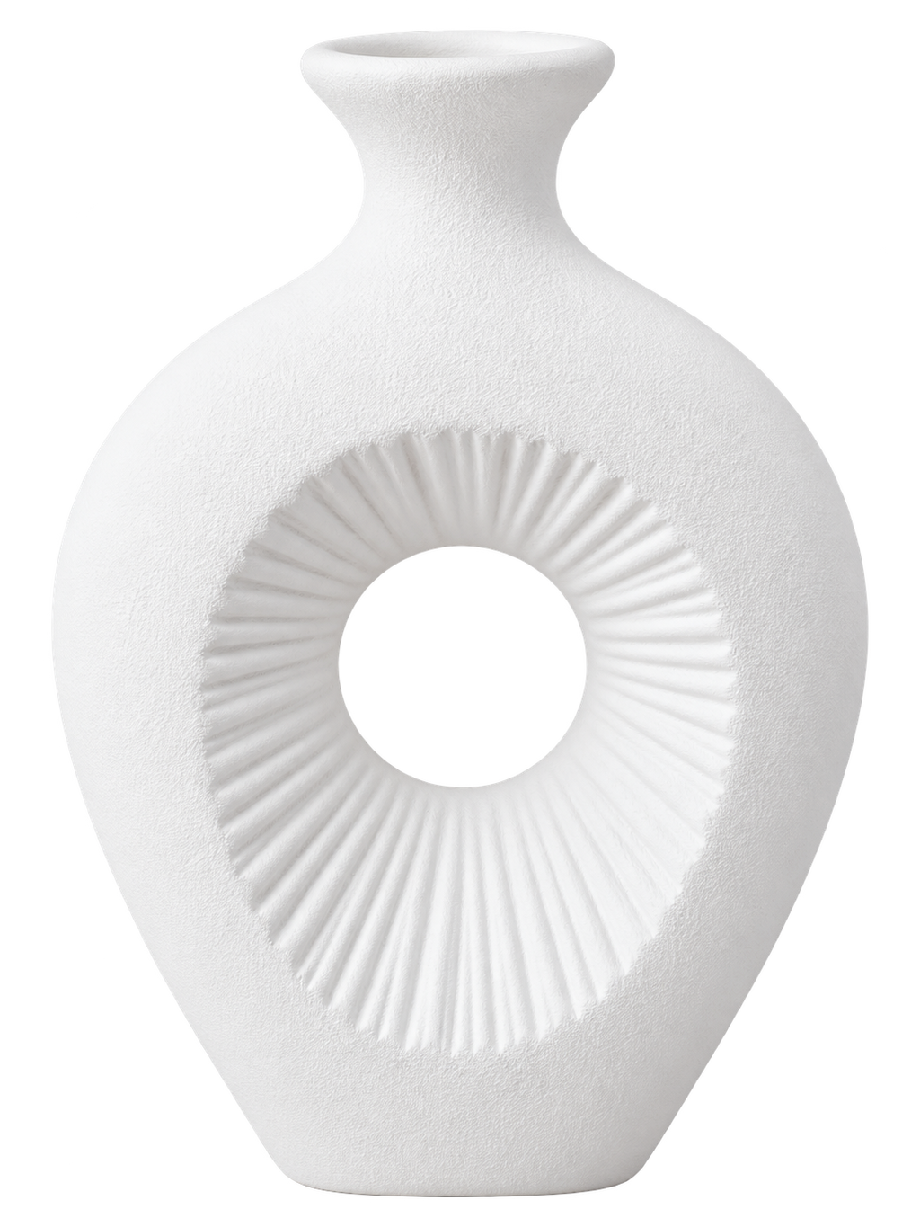 Modern White Ceramic Decorative Vase – Textured Round Cut-Out Design