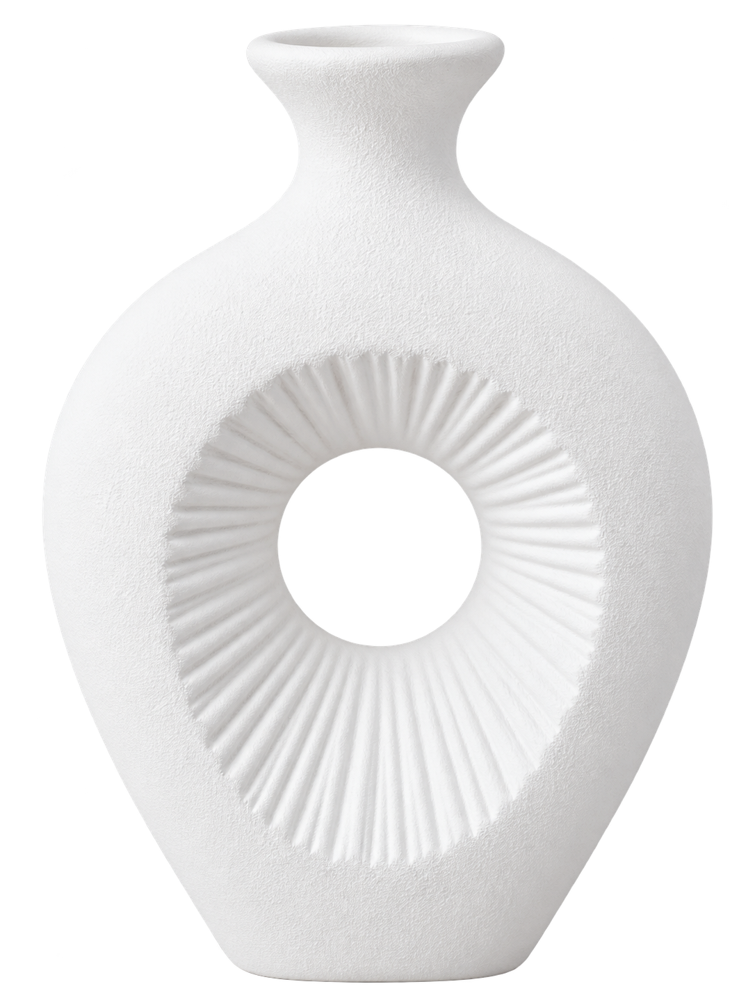 Modern White Ceramic Decorative Vase – Textured Round Cut-Out Design