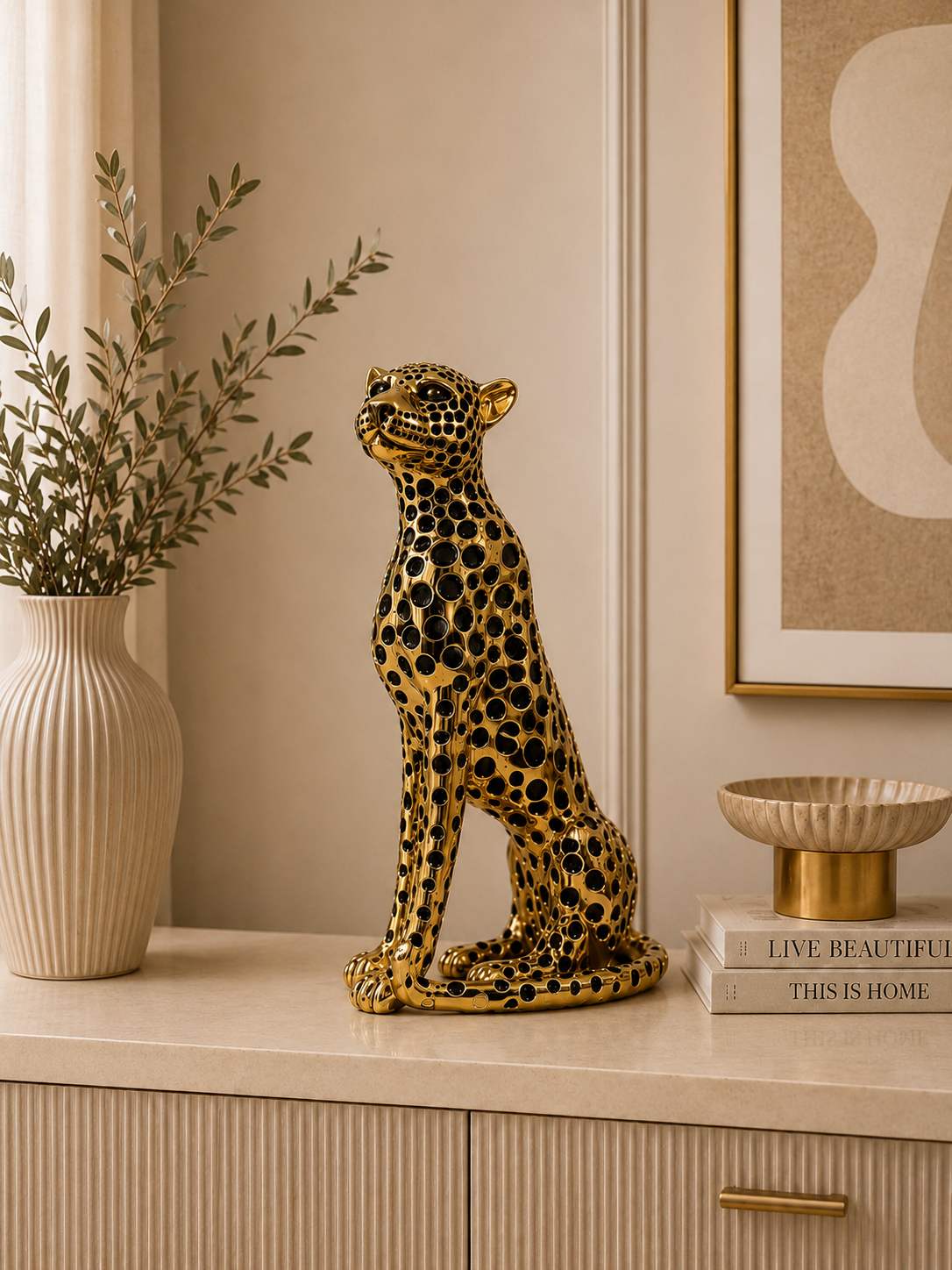 Luxury Leopard Sculpture | Modern Gold & Black Decorative Leopard Statue | Premium Home Décor Accent