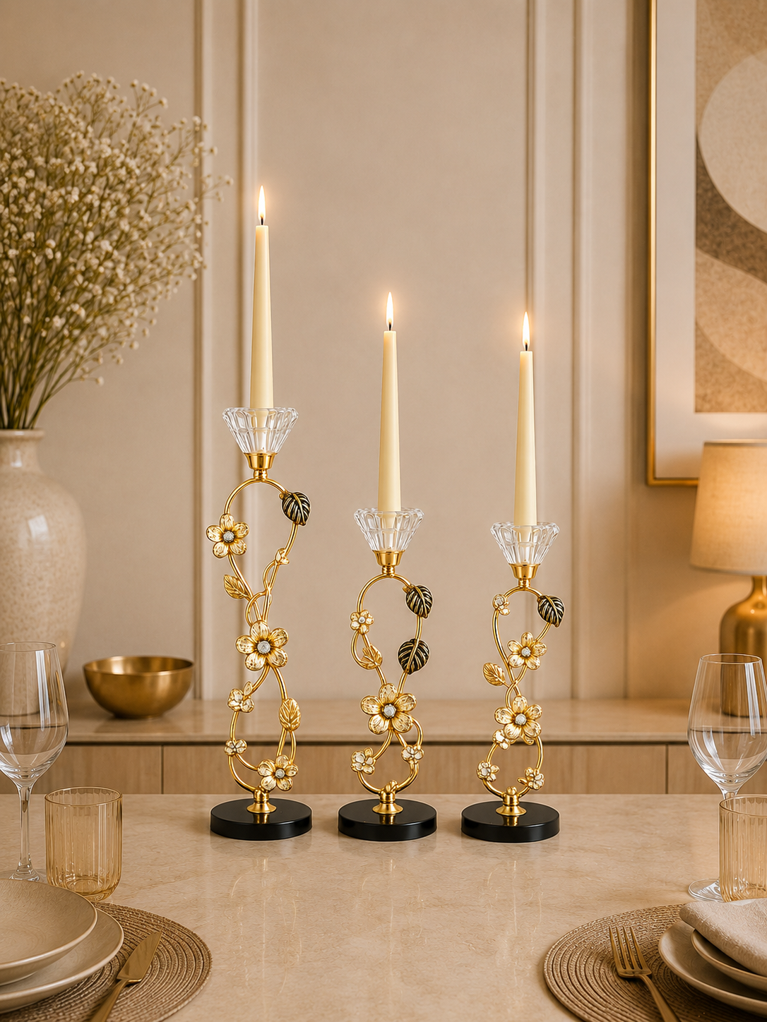 Luxury Gold Floral Crystal Taper Candle Holder Set – Decorative Metal Candle Stand (Set of 3)
