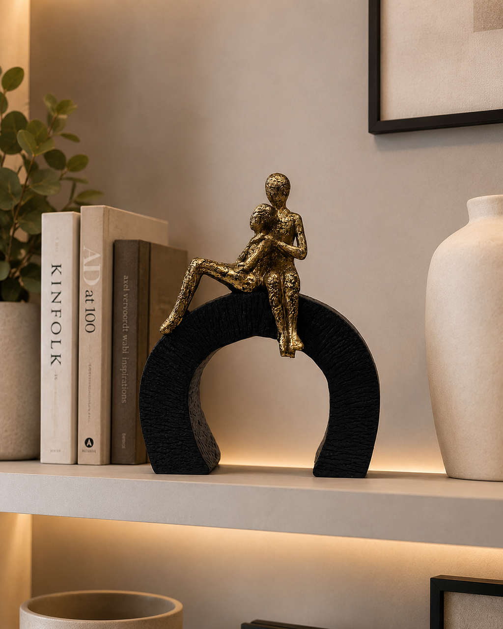 Abstract Couple Love Sculpture on Arch Base – Modern Romantic Home Decor Showpiece | Black & Gold Resin Figurine
