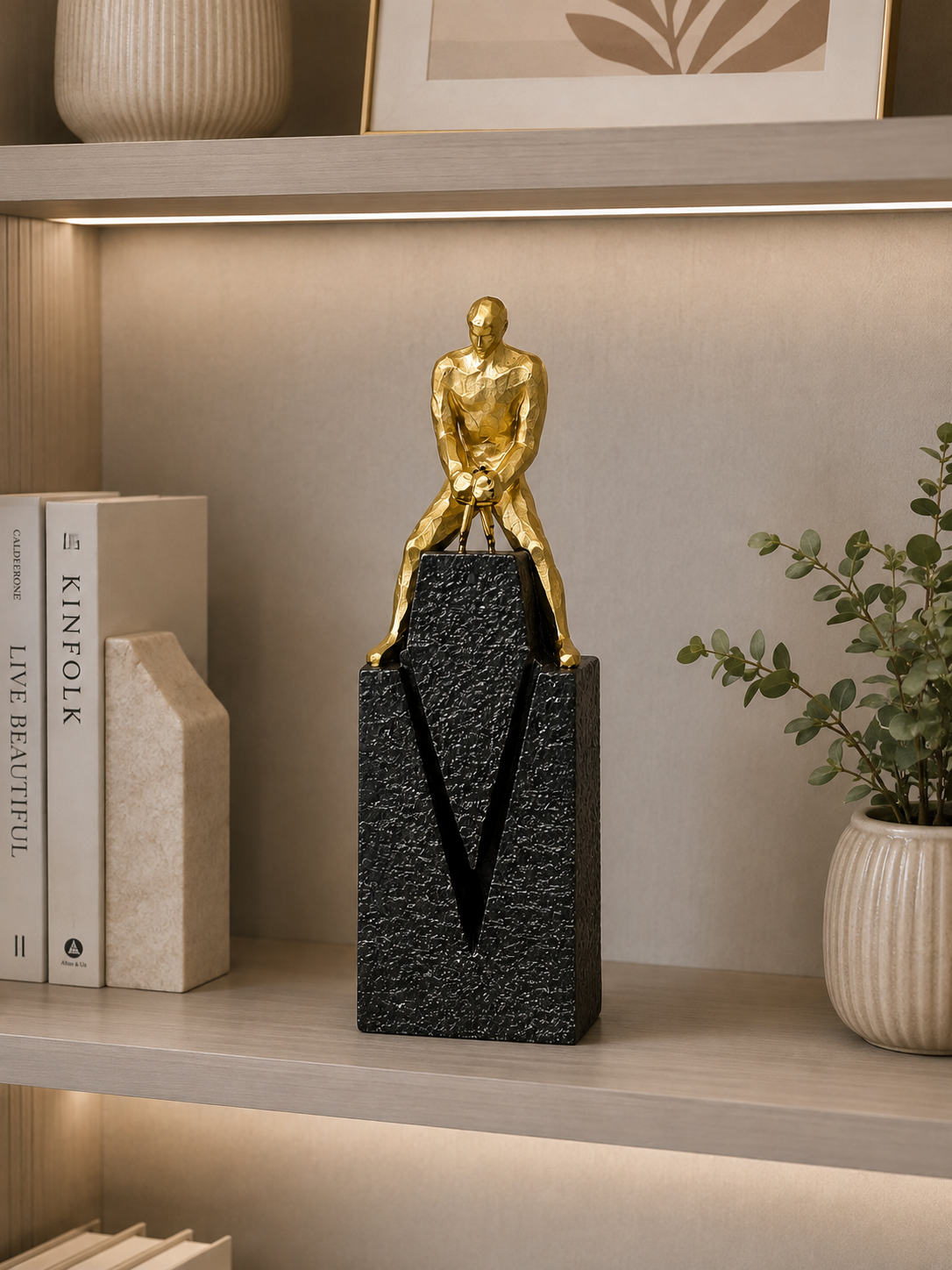 Luxury Golden Golfer Sculpture on Black Textured Base – Modern Sports Decorative Showpiece