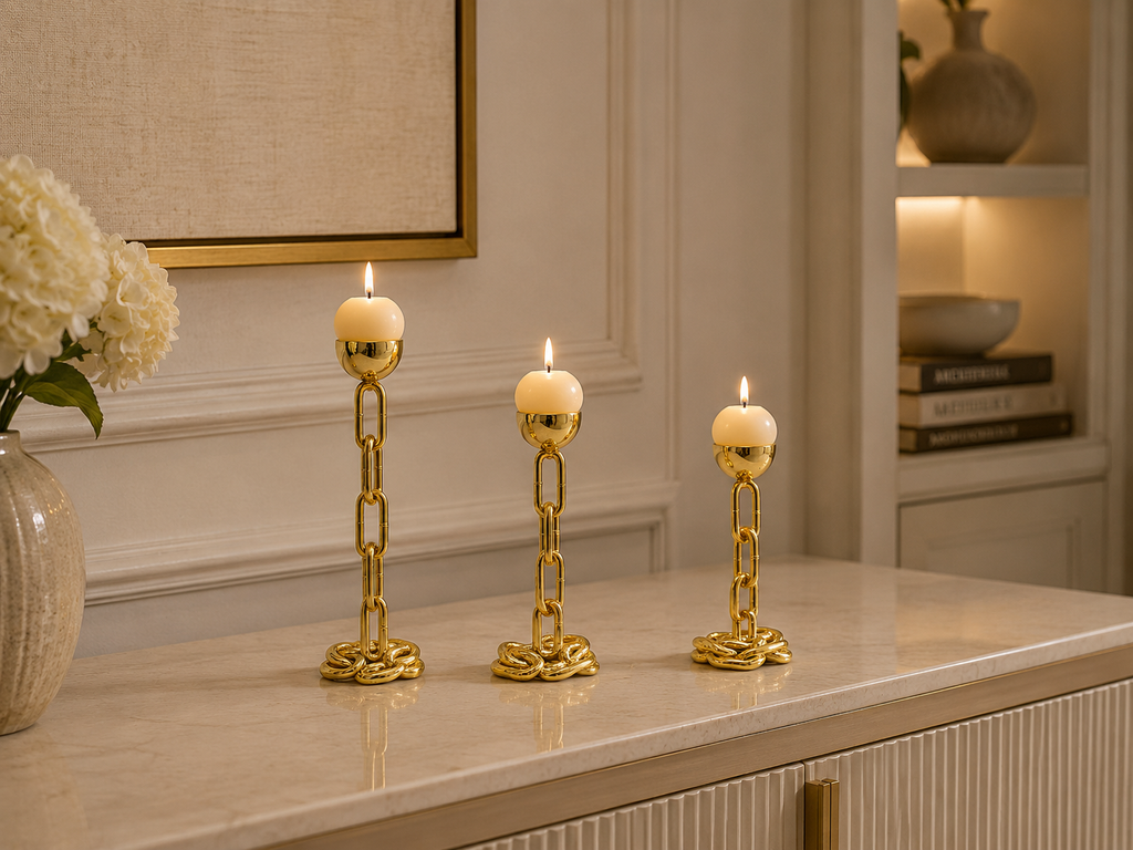 Luxury Gold Chain Candle Holder Set (Set of 3) – Modern Decorative Metal Candlestick Stand
