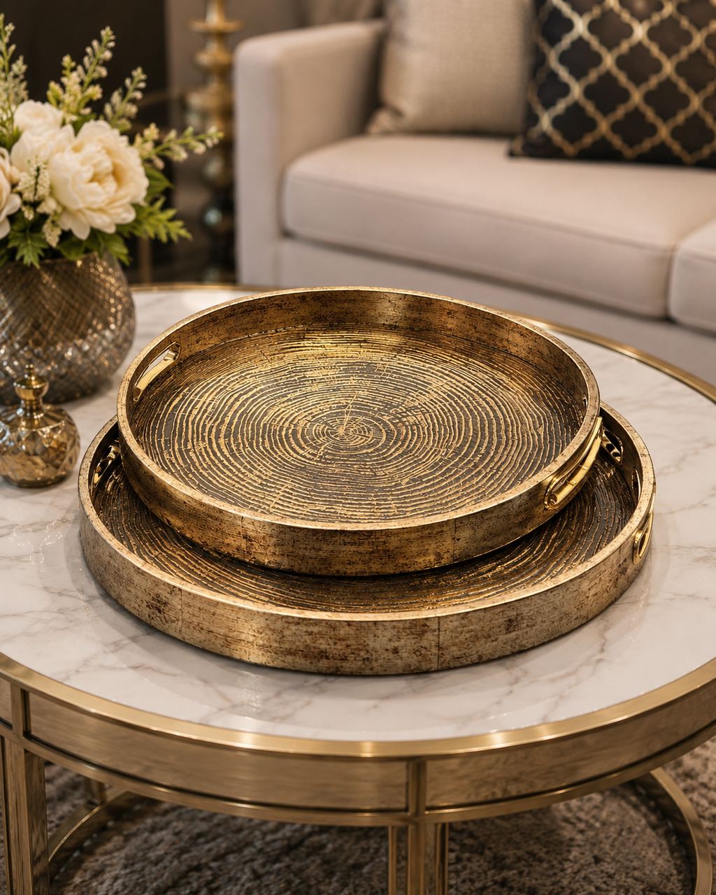 Luxury Gold Round Decorative Serving Tray Set – 2 Piece Metal Display Trays