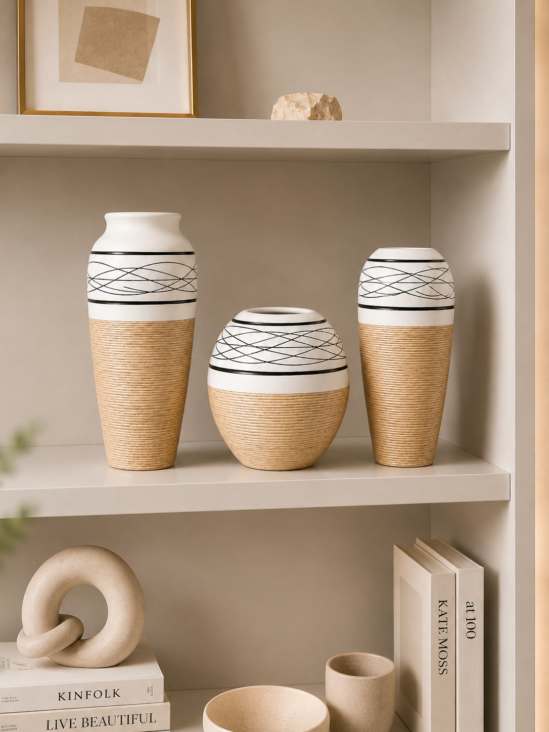 3-Piece Modern Decorative Vase Set – White & Natural Textured Home Décor Vases