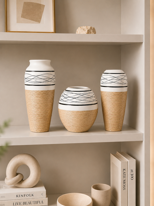3-Piece Modern Decorative Vase Set – White & Natural Textured Home Décor Vases