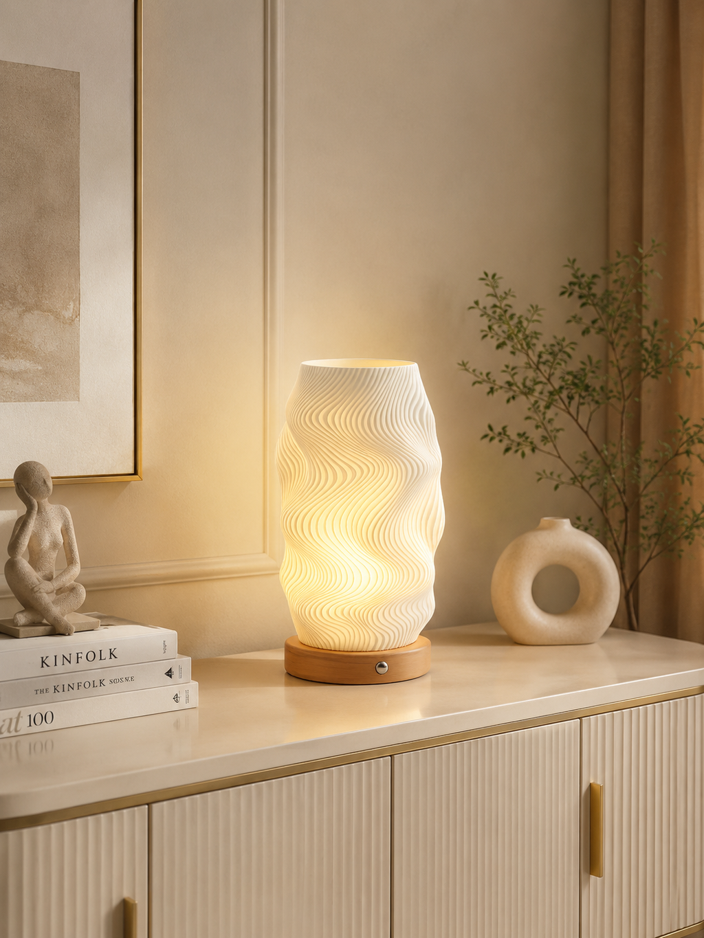 Modern Wave Table Lamp & Decorative Flower Vase | Wooden Base & Fibre Shade