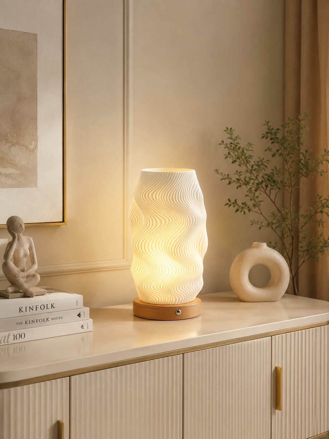 Modern Wave Table Lamp & Decorative Flower Vase | Wooden Base & Fibre Shade