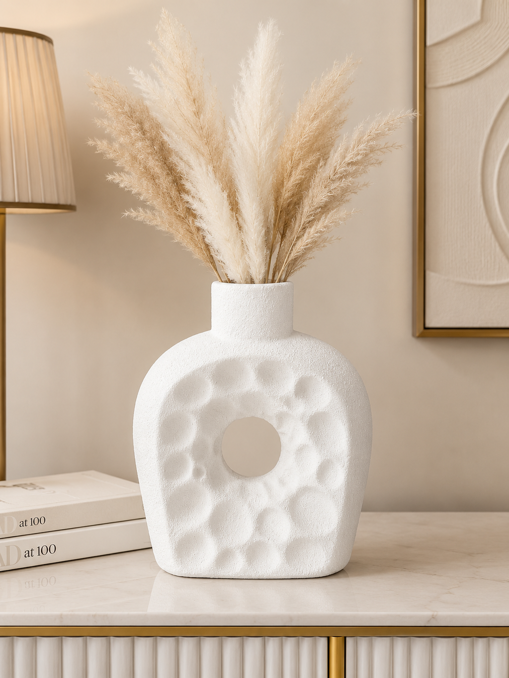 Modern White Textured Decorative Vase – Round Cut-Out Design