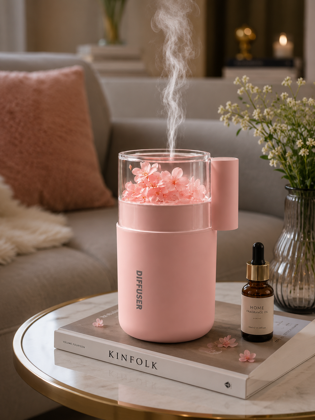 Pink Cherry Blossom USB Aroma Diffuser & Humidifier with LED Light | Ultrasonic Essential Oil Diffuser | Portable Air Humidifier