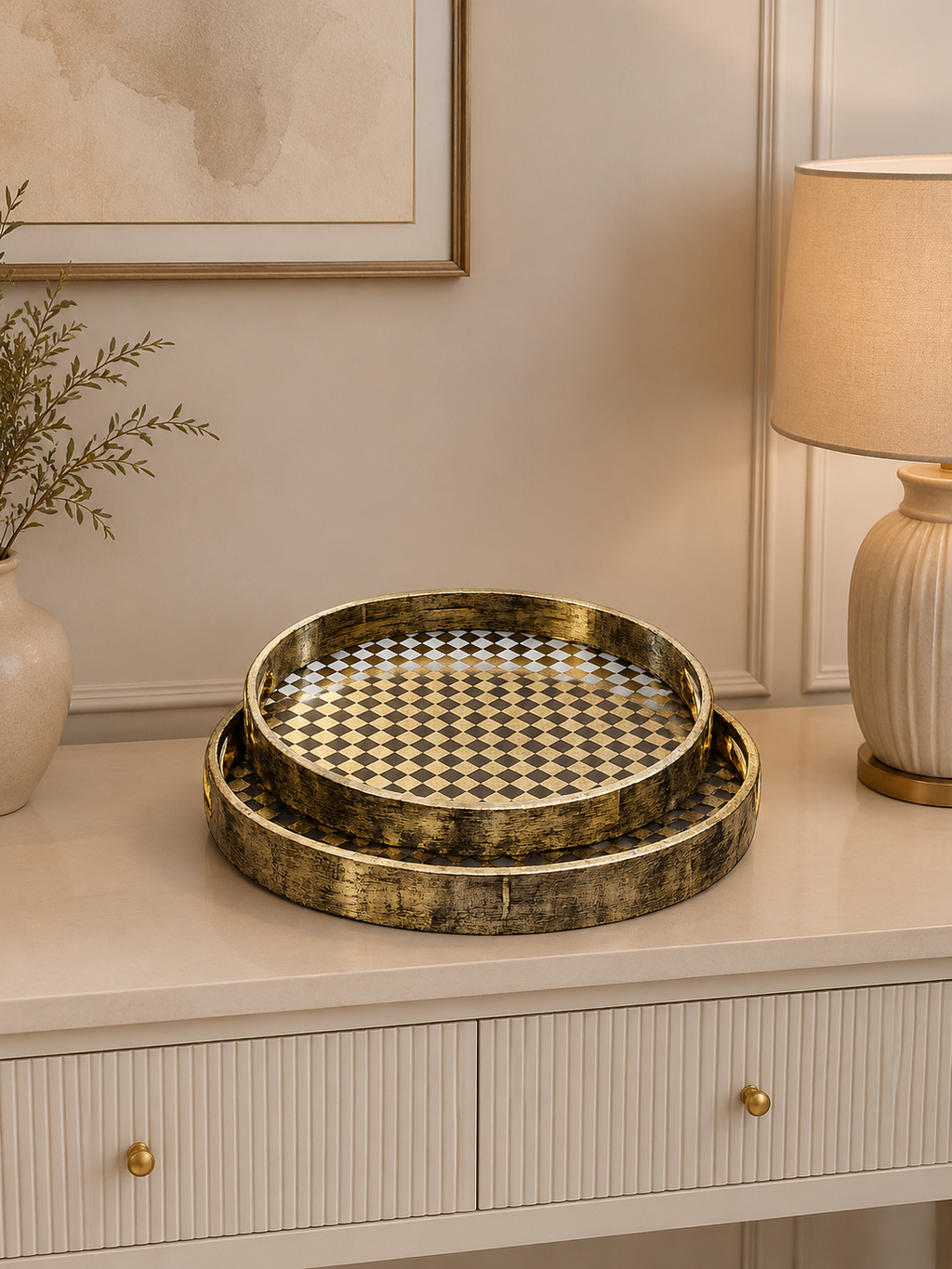 Luxury Round Decorative Serving Tray Set – Gold Checkered Metal Trays (Set of 2)