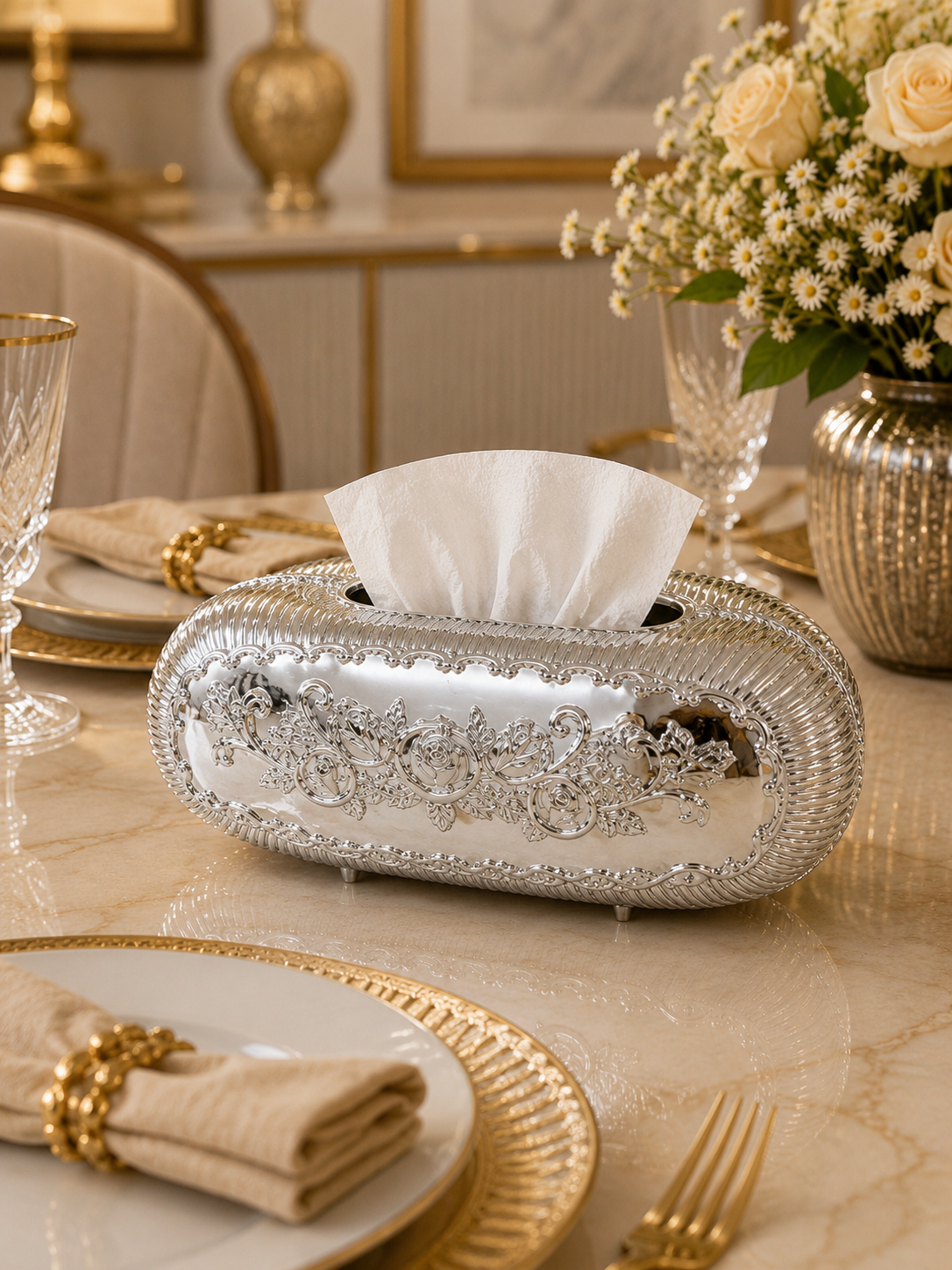 Luxury Oval Metal Tissue Box Holder | European Floral Decorative Tissue Case.