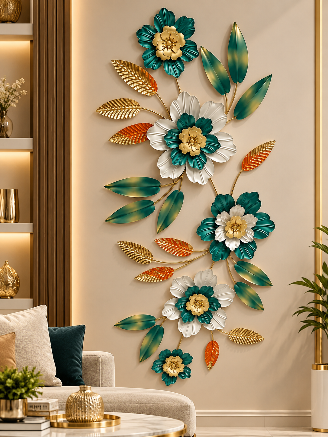 Luxury Teal & Gold Floral Metal Wall Art – Elegant Botanical Decorative Wall Décor