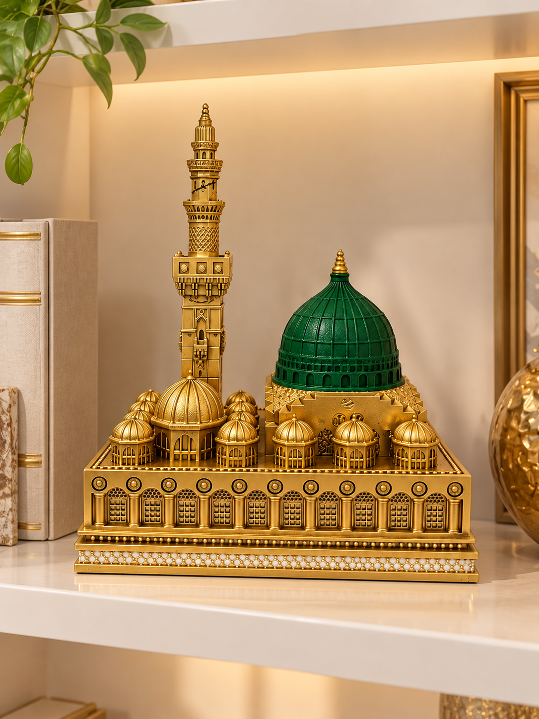 Luxury Masjid An-Nabawi Inspired Green Dome & Minaret Islamic Decorative Showpiece – Gold Finish