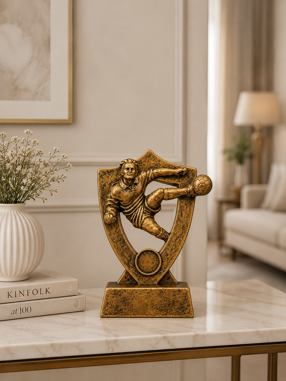 Football Player Trophy Sculpture – Antique Gold Resin Sports Award Decor for Home & Office